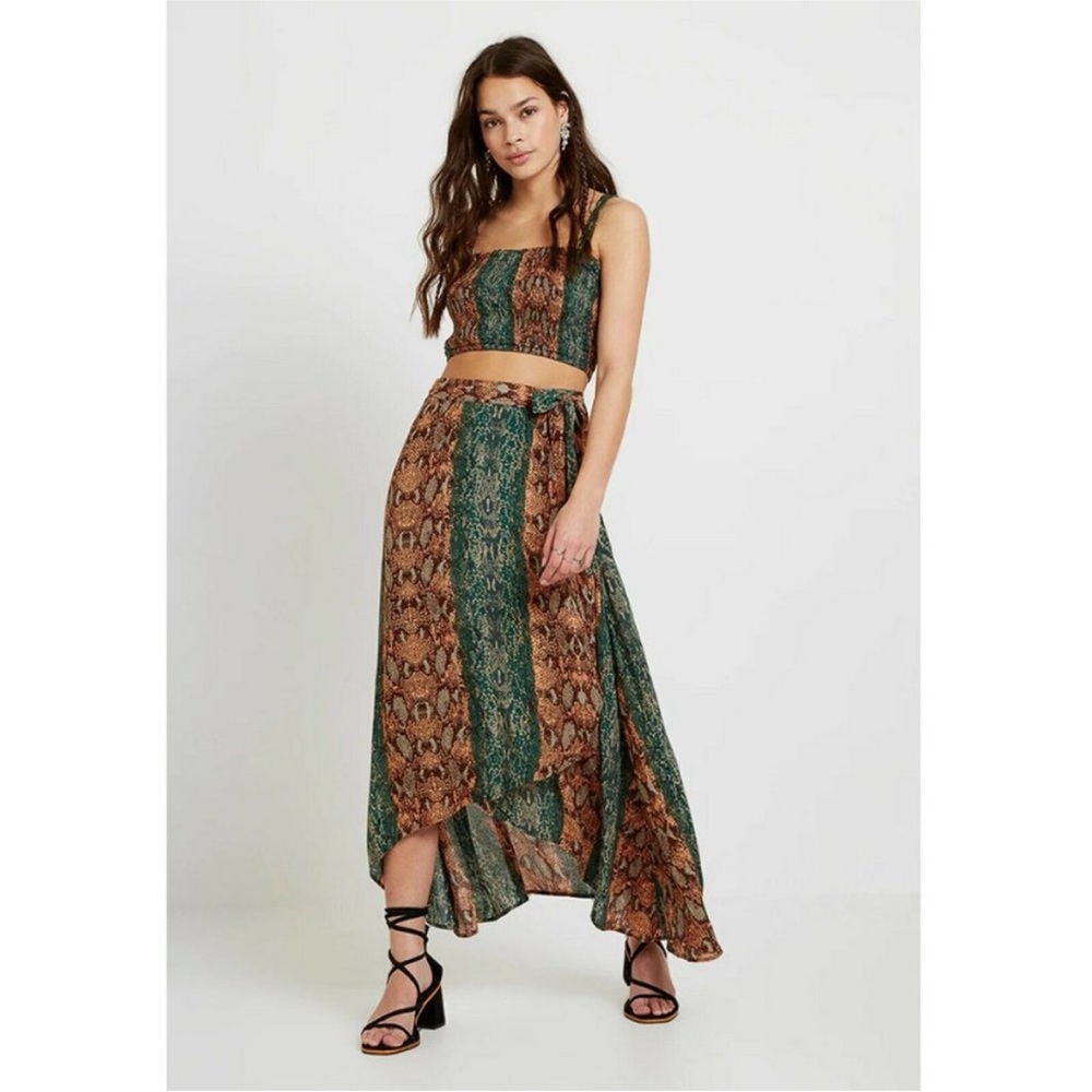 Free People Tropical Snake Print Wrap Midi Skirt